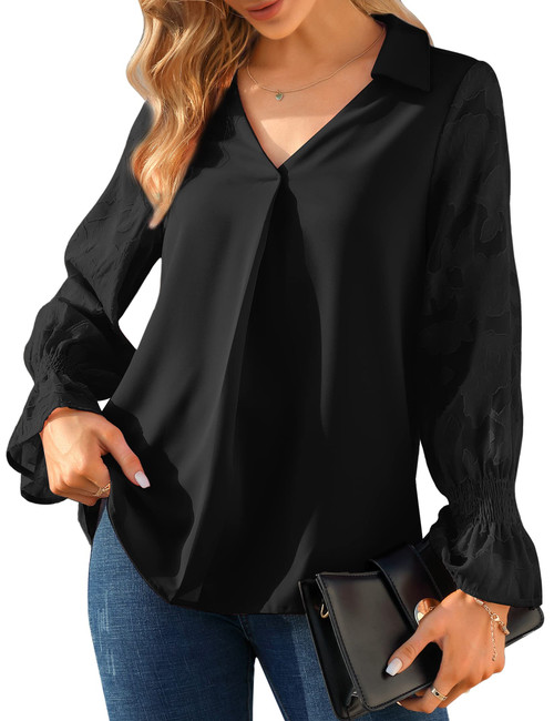 KOJOOIN Womens Business V Neck Causal Cute Tops Tiered Ruffle Long Sleeve Shirts Loose Shirt Black XL