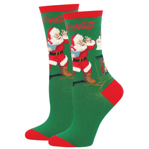 Socksmith Womens' Novelty Crew Socks Coca-Cola "Classic Coke Santa" Green One Size