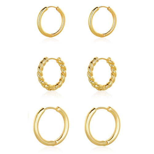 Wgoud Chunky Huggie Hoop Earring 14K Gold Earrings for Men Women Hypoallergenic, Thick Hoops set, Twist (3 Pairs Hoops)