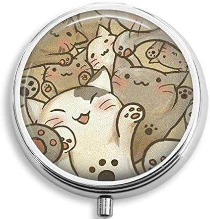 Eareeco Cute Cat Round Pill Case / Pill Box / Pill Case / Case- Three-Compartment Pill Box / Pill Case, Silver