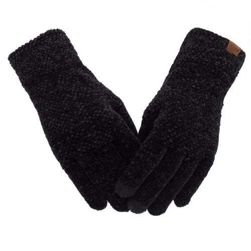 ViGrace Winter Touchscreen Gloves for Women Chenille Warm Cable Knit with 3 Touch Screen Fingers Texting Driving Elastic Cuff Thermal Glove Black,Large