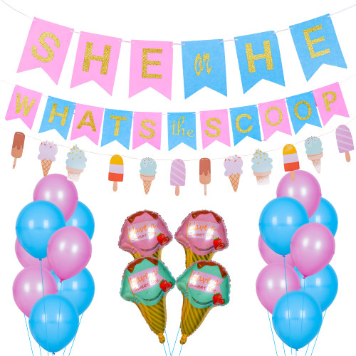 Gender Reveal Party Decorations,Ice Cream Themed Gender Reveal Party Decorations, He or She,What's the Scoop Banner and Balloons, Suitable Boy or Girl Gender Reveal Party Decor, Gender Guess Ideas, Pregnant and Baby Shower Backdrop Decor