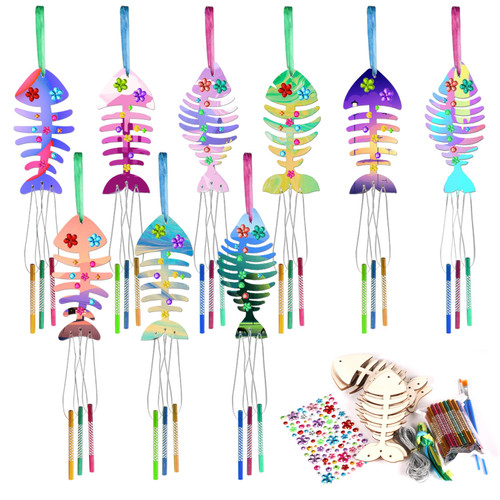12 Pack Wind Chime Kit, Wooden Wind Chime Craft Fishbone Wind Chime DIY Kids Crafts Kits Make a Wind Chime Kit for Boys and Girls Wind Chime Supplies