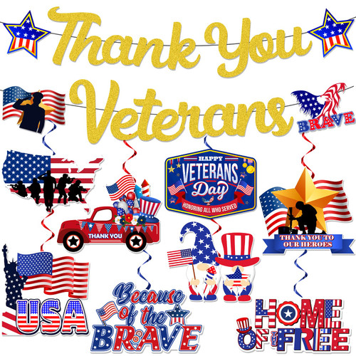 9 pcs Happy Veterans Day Decorations, with 1pcs Veterans Day Banner and 8pcs Veterans Day Decorations Hanging Swirls, Generic Veterans Day Decor for Thank You Veterans Party Patriotic Party Decor