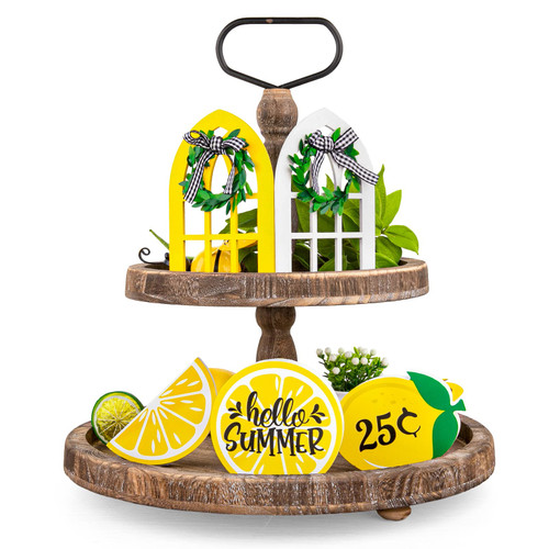 Whaline Summer Lemon Window Wooden Tiered Tray Decor Hello Summer Yellow Lemon Theme Wood Sign Rustic Farmhouse Lemon Slice Table Centerpiece for Holiday Home Kitchen Tabletop Decoration, 5Pcs