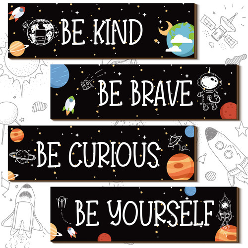 4 PCS Space Themed Bedroom Decor Inspirational Wall Art Decor Motivational Hanging Plaque Sign Outer Space Room Decor Outer Space Nursery Decor for Boys Kids Playroom Classroom Decor (Black)