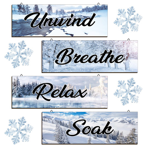 YLOLUL 4 Pieces Winter Bathroom Wall Decor Snowflake Wood Relax Soak Unwind Breathe Wall Art Bathroom Sign Hanging Winter Christmas Wooden Sign for Winter Living Room Laundry Bathroom Spa Washroom
