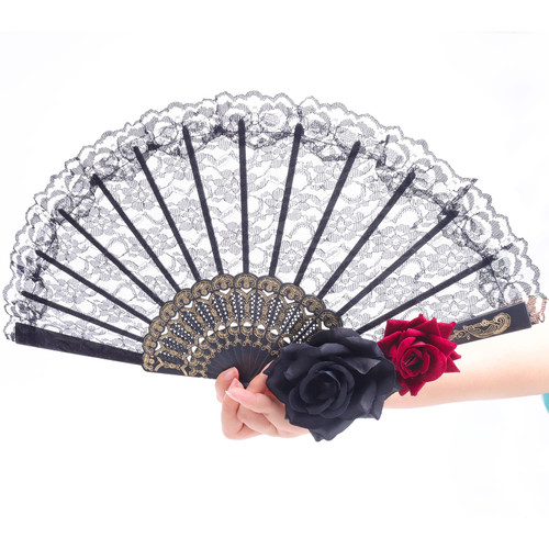 Simple polymer Folding Hand Fans Lace Handheld Fan European Retro Folding Fan Chinese Folding Fan for Dancing Props Cosplay Wedding Gift Party Favors,Rose Flower