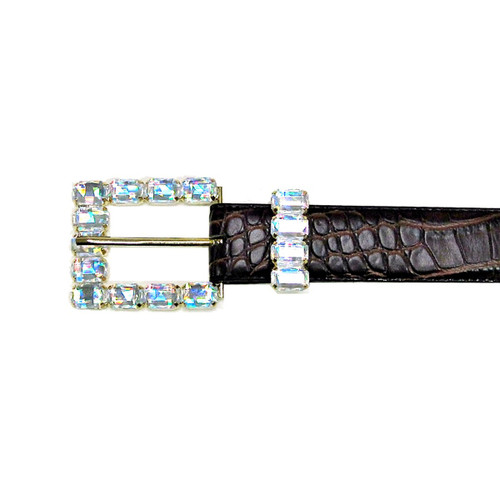 1 1/8" Women's Classic Square Buckle with Clear Square Rhinestone Embellishme.