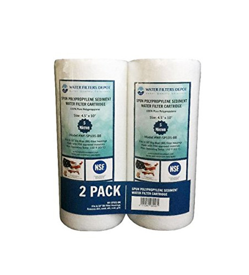 WFD, WF-SP105-BB 4.5"x10" 5 Micron Sediment Water Filter Cartridge, Spun Polypropylene, Fits in 10" Big Blue (BB) Housings of Filtration Systems for Whole House (2 Pack) WFD, WF-SP105-BB 4.5"x10" 5 Micron Sediment Water Filter Cartridge, Spun Polypropylene, Fits in 10" Big Blue (BB) Housings of Filtration Systems for Whole House (2 Pack)