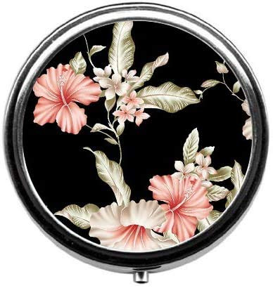 Eareeco Flowers On Black Background Painted Round Pill Case / Pill Box / Pill Case / Case- Three-Compartment Pill Box / Silver