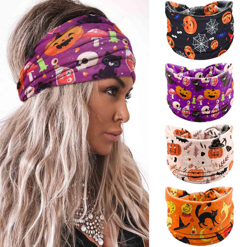 Olbye Headbands for Wome Wide Knotted Headband Turban Non Slip Hairbands Elastic Pumpkin Hairband Skull Head Bands Workout Head Wraps Yoga Hair Scarfs Ghost Cosplay Halloween Hair Accessories 4Pcs (B)