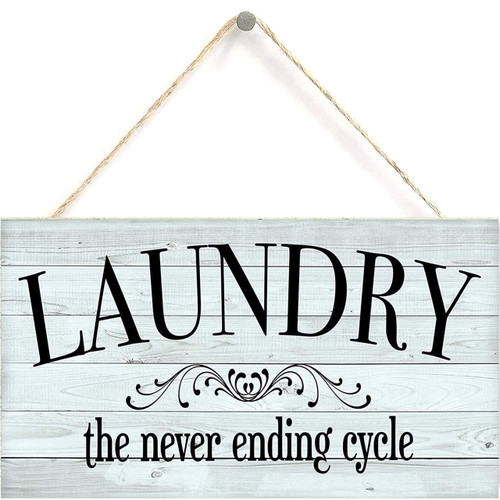 Laundry Room Sign (Laundry Never Ending Cycle),Vintage Laundry Wood Sign Wall Hanging Plaque Wall Art Sign 5X10 (US-G030)