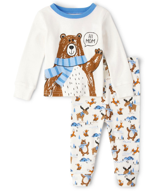 The Children's Place Baby Toddler Girls Long Sleeve Top and Pants Snug Fit 100% Cotton 2 Piece Pajama Set, White Bear, 3-6 Months