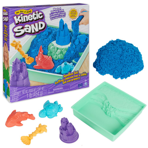 Kinetic Sand Sandbox Set, 1lb Blue Play Sand, Sandbox Storage, 4 Molds and Tools, Sensory Toys, for Kids Ages 3+