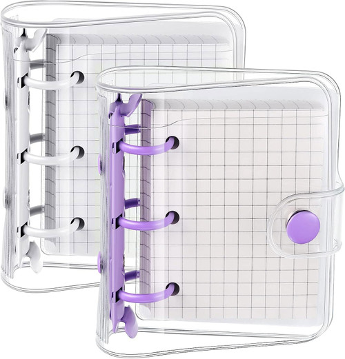 2 Sets Mini 3 Ring Binder Transparent Covers with Mini Binder Inner Paper Pockets Clear Soft PVC Notebook Closure Loose Leaf Folder Round Ring Binder Cover Protector with Snap Button (Purple+White)