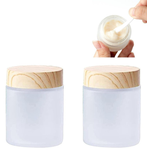 Sxminer 2 PCS 100g/3.4oz Empty Glass Jars Frosted Glass Cream Jar Bottle Travel Cosmetic Containers Empty Sample Jar Pot Wood Grain Lid Refillable Cream Box for Makeup Lip Scrub Balm Face Cream Lotion