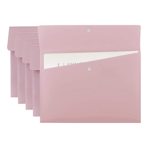 VANRA Poly File Folders Letter Size File Jackets Organizer Plastic Envelope A4 Flat Document Holder with Snap Button Closure (Pink, Pack of 5)