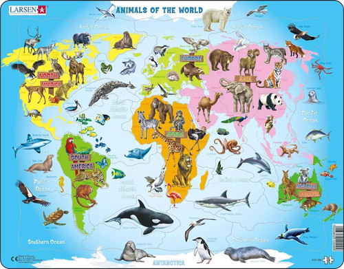 Larsen Puzzles Animals of The World Map 28 Piece Children's Educational Jigsaw Puzzle