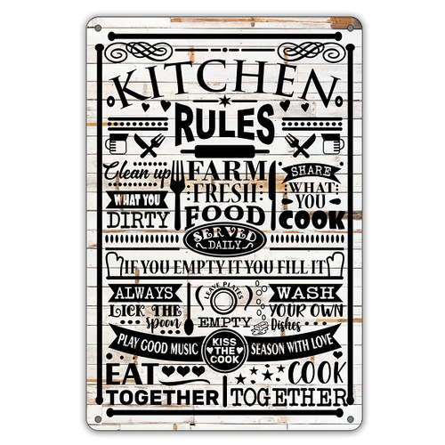 QIONGQI Funny Kitchen Quote Metal Tin Sign Wall Decor, Farmhouse Rustic Kitchen Rules Sign for Home Decor Gifts(Wooden Style)