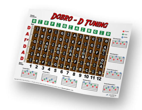 Dobro Open D Tuning Resonator Guitar Fretboard Note & Rolls Chart - Beginners & Intermediate Instructional Easy Poster Chords 11x17 | A New Song Music