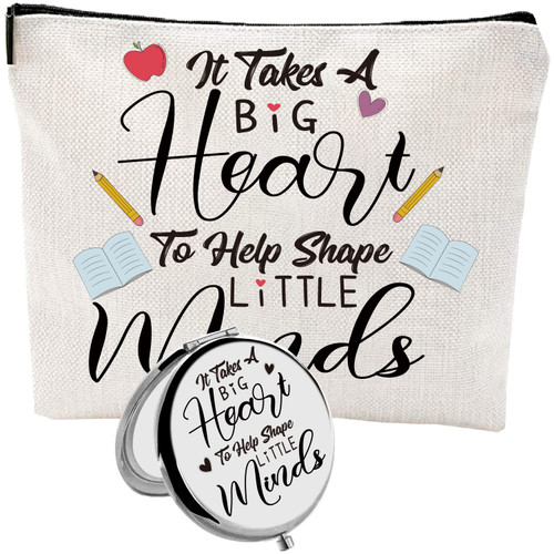 It Takes a Big Heart to Shape Little Minds Bag,Preschool Teacher Gifts for Women,Teacher Cosmetic Bag,Teacher Makeup Bag,Teacher Appreciation Pouch,Teacher Compact Mirror,Teacher Pencil Pouch Bag