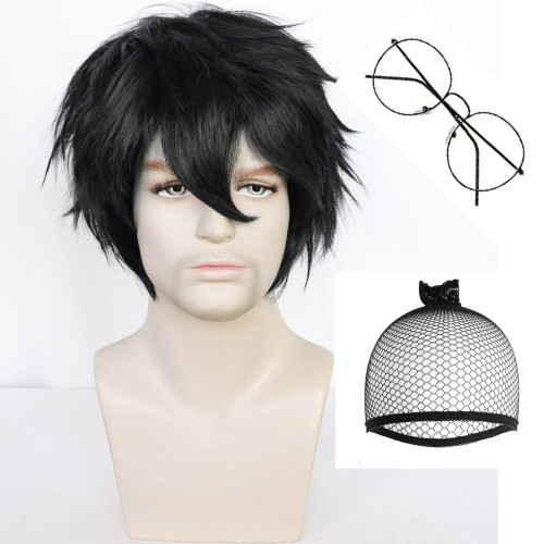 IMEYLE Short Black Wig(1 glasses Black Wig with Bangs Layered Short Black Anime Cosplay Wig Synthetic Wig Short Curly Wig for Halloween Costume Party + Wig Cap IMEYLE Short Black Wig(1 glasses Black Wig with Bangs Layered Short Black Anime Cosplay Wig Synthetic Wig Short Curly Wig for Halloween Costume Party + Wig Cap