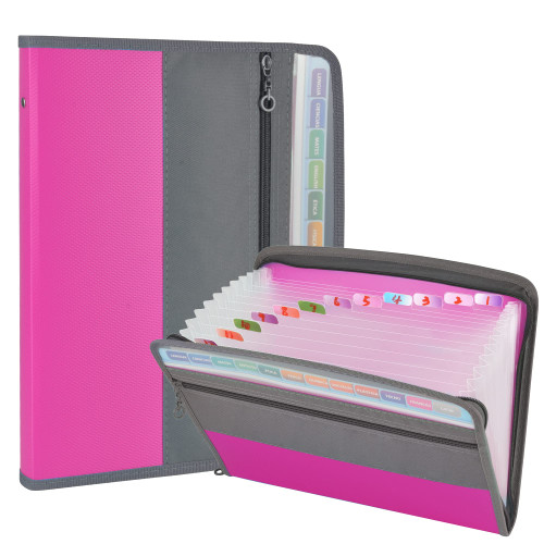 CLOUDIA 13 Pocket Expanding File Folder with Sticky Labels, Accordion File Folder Document Organizer Expanding Zip File Folder with Zipper Closure, Letter A4 Paper Document Accordion Folder (Pink)