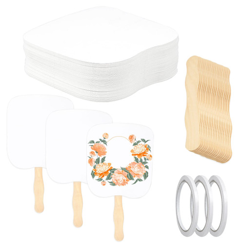 75 Pieces Fan Handle Craft Sticks Set, Hand Held Parlor Fans, Wavy Wooden Sticks, Blank White Cards, Auction Paddles DIY Church Fans for Craft Painting, Wedding