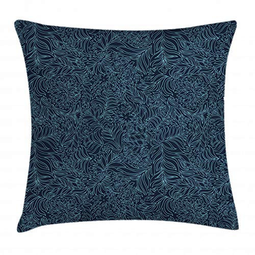 Ambesonne Navy and Teal Throw Pillow Cushion Cover, Abstract Artistic Flourish Nature Inspired Pattern Leaves Blossoms, Decorative Square Accent Pillow Case, 18 X 18 Inches, Dark Blue Turquoise