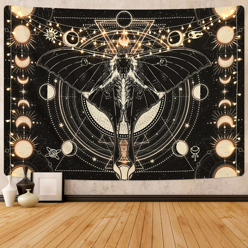 Moon Phase Tapestry Vintage Butterfly Tapestry Psychedelic Moth Tapestry Black Moon and Stars Tapestries Aesthetic Wall Art Tapestry Wall Hanging for Room(51.2 x 59.1 inches)