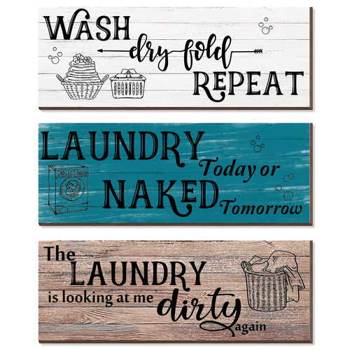 Chilaral Laundry Room Wall Decor Accessories Wooden Signs Rustic Family Farmhouse Laundry Room Decor Wall Plaque Wash Dry Fold Repeat Vintage Wood Laundry Rules Sign, 11 x 3.9 Inch (Fresh Color)