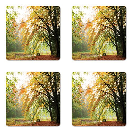 Ambesonne Forest Coaster Set of Four, Autumn View in A Forest with Faded Color Leaves European Northern Dutch Fall Image, Square Hardboard Gloss Coasters for Drinks, Orange Green