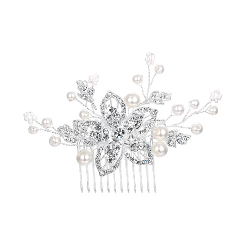 BriLove Women's Bohemian Boho Simulated Pearl Flower Handmade DIY Bendable Filigree Hair Comb Ivory Color Clear Silver-Tone