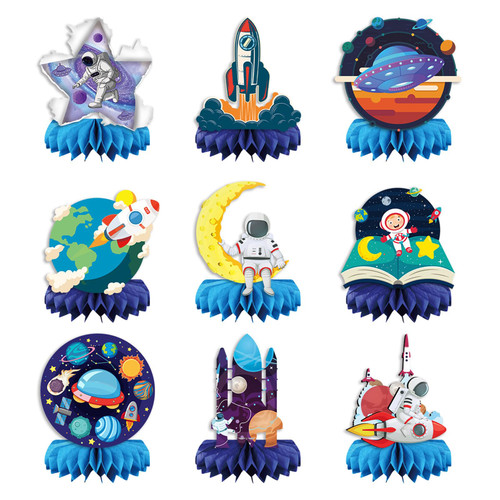 9 Pieces Outer Space Party Decorations Space Themed Honeycomb Centerpiece Table Topper Astronaut Birthday Decorations Party Supplies for Kids 1st Birthday Shower Photo Props