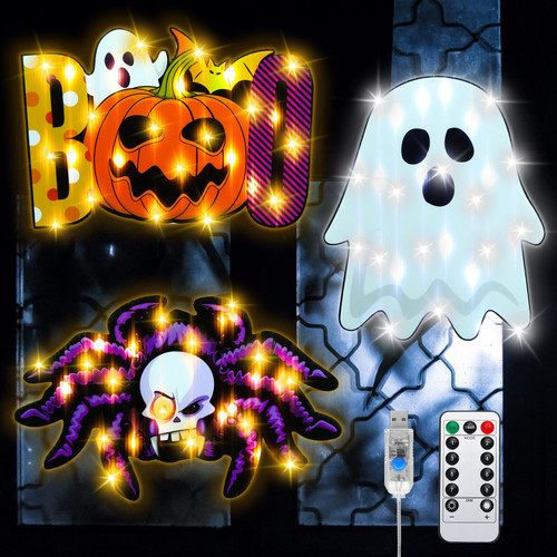 VIHOSE 3 Pcs Halloween Window Lights Decorations 8 Modes USB Powered with Remote Timer Lighted Halloween Window Silhouette Light up Holiday Sign Hanging Ornaments for Indoor Outdoor Decor (Classic)