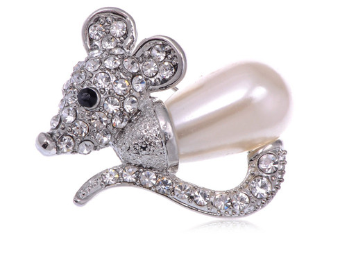 Alilang Silvery Tone Shine Clear Crystal Rhinestones Faux Pearl Body Cute Mouse Brooch Pin Alilang Silvery Tone Shine Clear Crystal Rhinestones Faux Pearl Body Cute Mouse Brooch Pin