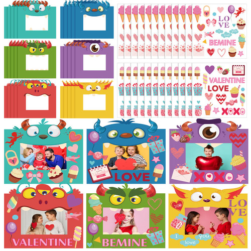 30 Pack Valentine's Day DIY Craft Kits for Kid, Valentines Day Pictures Frame Craft and 12 Sticker DIY Valentines Craft with Monster Photo Frame Craft Kit for Valentines Party Favor Classroom Activity
