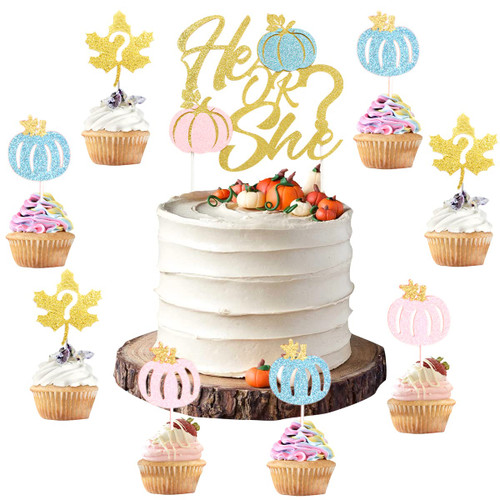 Pumpkin Gender Reveal Cake Decorations - He or She Cake Topper and 24 Pack Cupcake Toppers Pink Blue Gold for Thanksgiving Fall Pumpkin Themed Boy or Girl Baby Shower Pumpkin Gender Reveal Cake Decorations - He or She Cake Topper and 24 Pack Cupcake Toppers Pink Blue Gold for Thanksgiving Fall Pumpkin Themed Boy or Girl Baby Shower