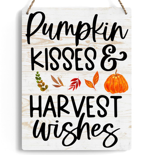 Pumpkin Kisses Harvest Wishes Wood Sign Decoration Autumn Wooden Signs Rustic Hanging Plaque Home Wall Art 8" x 10" Sign Wall Decor for Farmhouse Home Kitchen