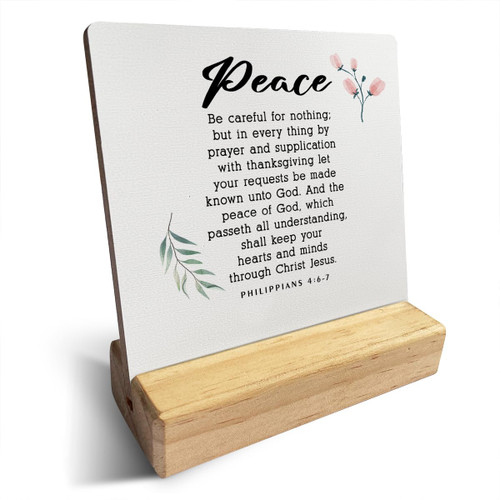 Country Peace Be Careful for Nothing Bible Verse Wooden Plaque Sign Desk Decor Rustic Philippians 4:6-7 Christian Desk Sign Decor for Home Office 4 x 4 Inches