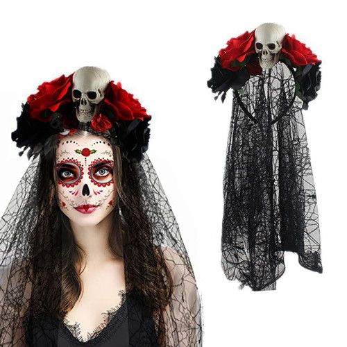 HANSAMU Mexican Day of the Dead Veil Headband Floral Crown Rose Flower Dead Skull Headpiece For Halloween Masquerade Party Costume HANSAMU Mexican Day of the Dead Veil Headband Floral Crown Rose Flower Dead Skull Headpiece For Halloween Masquerade Party Costume
