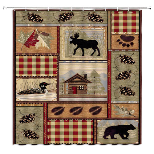 DSMEUE Rustic Cabin Shower Curtain Wildlife Bear Deer Moose Duck Plaid Camping Primitive Farmhouse Retro Safari Animal Brown Bathroom Decor Curtain with Hooks,70" Wx70 H