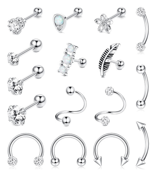 ORAZIO 16Pcs 18G Stainless Steel Cartilage Earrings Piercing Cubic Zirconia Stud Earrings for Men Women Forward Helix Tragus Earrings Conch Rook Piercings Cartilage Piercing Jewelry Set