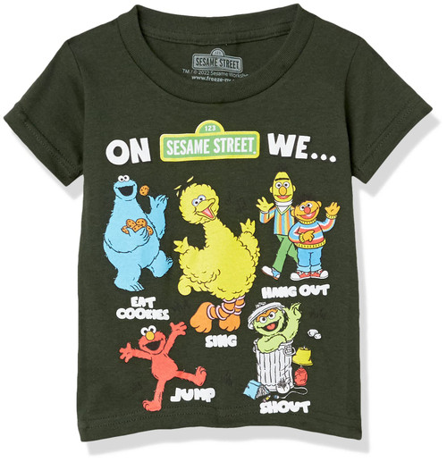Sesame Street Boys' Toddler Elmo Cookie Monster Big Bird, Oscar The Grouch Short Sleeve Tee, Forest Green, 3T Sesame Street Boys' Toddler Elmo Cookie Monster Big Bird, Oscar The Grouch Short Sleeve Tee, Forest Green, 3T