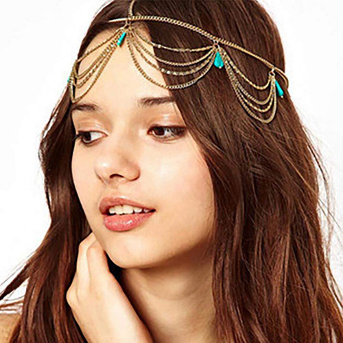 Yean Gold Head Chain Bohemian Hair Jewelry Turquoise Headpiece Forehead Band Festival Hair Headband Accessories for Women and Girls (Gold)