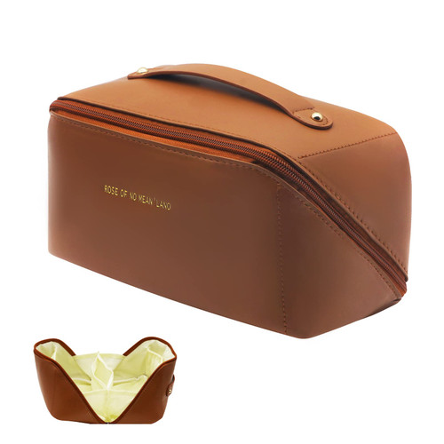 Large Capacity Travel Cosmetic Bag, Multifunctional Storage Makeup Bag, PU Leather Waterproof Cosmetic Bag, Women Portable Toiletry Bag, with Handle and Divider Flat Lay Makeup Organizer Bag(Brown) Large Capacity Travel Cosmetic Bag, Multifunctional Storage Makeup Bag, PU Leather Waterproof Cosmetic Bag, Women Portable Toiletry Bag, with Handle and Divider Flat Lay Makeup Organizer Bag(Brown)
