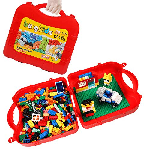 burgkidz Portable Storage Suitcase with 520 Pieces Kids Building Bricks, Red Brick Case with Green Building Base Plate, for Travel, Building, Storage & Organizer, Compatible with All Major Brands