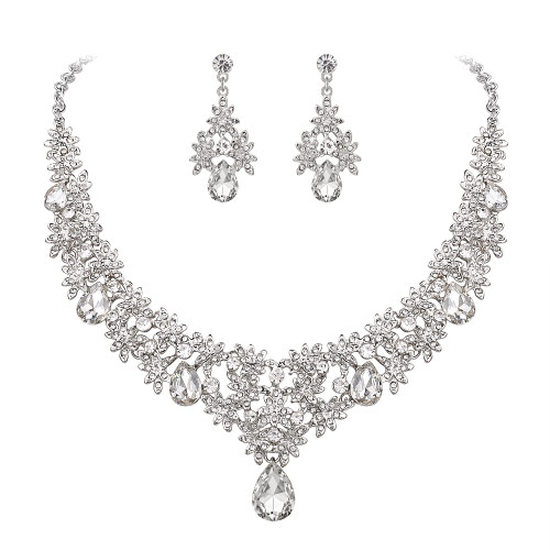 BriLove Women's Wedding Bridal Teardrop Crystal Necklace Cluster Statement Enamel Jewelry Dangle Earrings Set Clear Silver-Tone BriLove Women's Wedding Bridal Teardrop Crystal Necklace Cluster Statement Enamel Jewelry Dangle Earrings Set Clear Silver-Tone