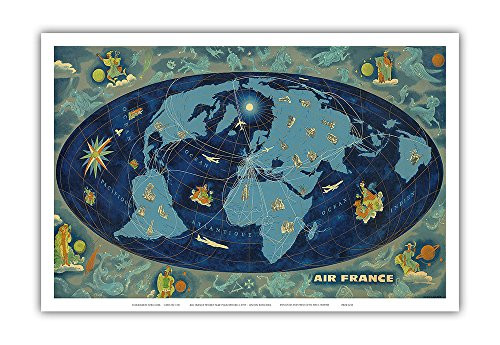 Pacifica Island Art Global World Route Map - France Planisphere - Vintage Airline Travel Poster by Lucien Boucher c.1959 - Master Art Print - 12in x 18in Pacifica Island Art Global World Route Map - France Planisphere - Vintage Airline Travel Poster by Lucien Boucher c.1959 - Master Art Print - 12in x 18in
